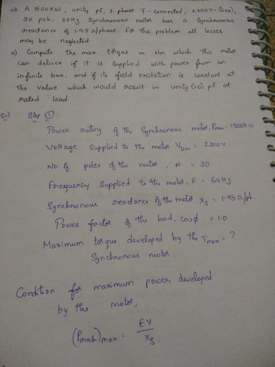 may be A 15oukh, unity of, 3-phase Y - connected, 23000 ov-(line), 30 pole, 60Hz Synchronous motos has Synchownous reactance