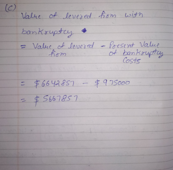 from with Value of levered bankruptcy a = Value of levered firm a present Value of bankruptcy Costs = $6642857 - $925000 = $5