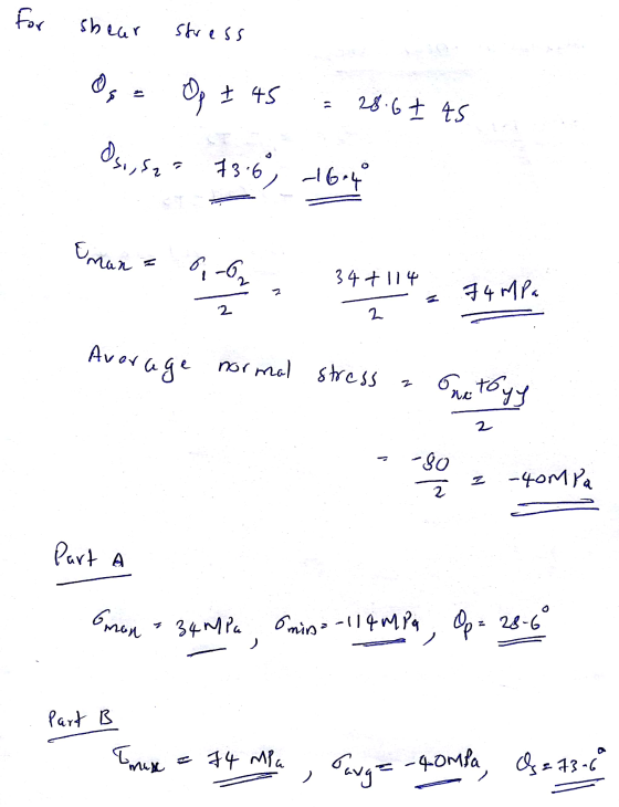 ess shear stress Og e Op t 45 = 28.6+ 45 Oso, sqa 73.6 , 164 nan = 6 34+114 ca 74 MPa 2 AVY / normal Average normal stress a