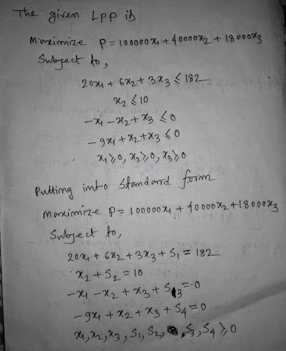 The given Lpp iD Maximize p = 100000 x + 4000042 + 18 00043 Subject to 2034 + 6x2 + 323182.0 H2 <10 - 24 - H2 + H₂ Lo - 94 +H