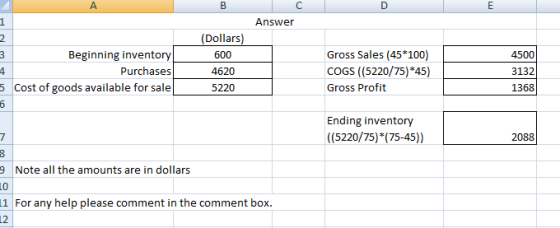 A. 1 Answer (Dollars) 2 Beginning inventory Purchases 5 Cost of goods available for sale Gross Sales (45*100) 600 4500 COGS (
