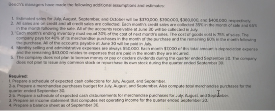Beechs managers have made the following additional assumptions and estimates: 1 Estimated sales for July, August September,