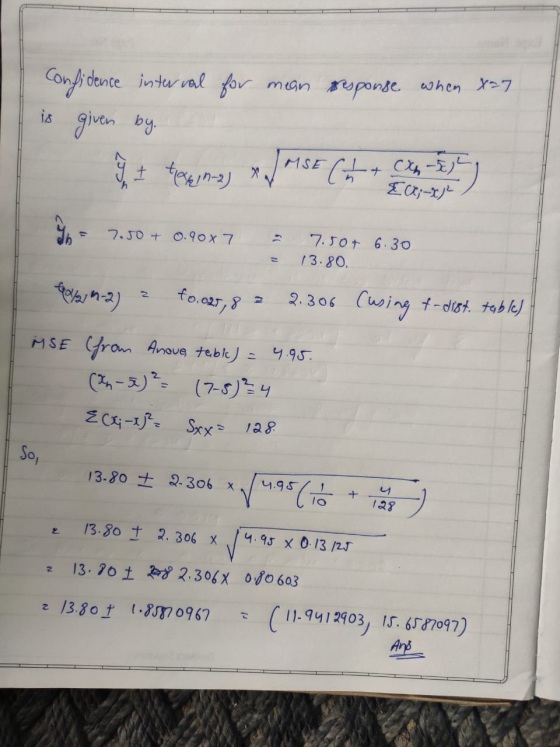 for mean response when X27 Confidence interval is given by. et temas xVMSE C++ CM-Egy - Ex; -x)² 6 7.50 + 0.90x7 - 7.50+ 6.30