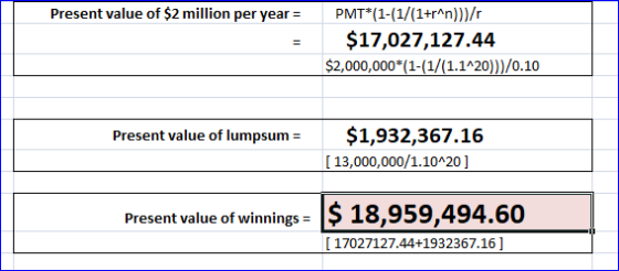 Present value of $2 million per year = PMT*(1-(1/(1+r^n))}/ $17,027,127.44 $2,000,000*(1-(1/(1.1^20)))/0.10 Present value of