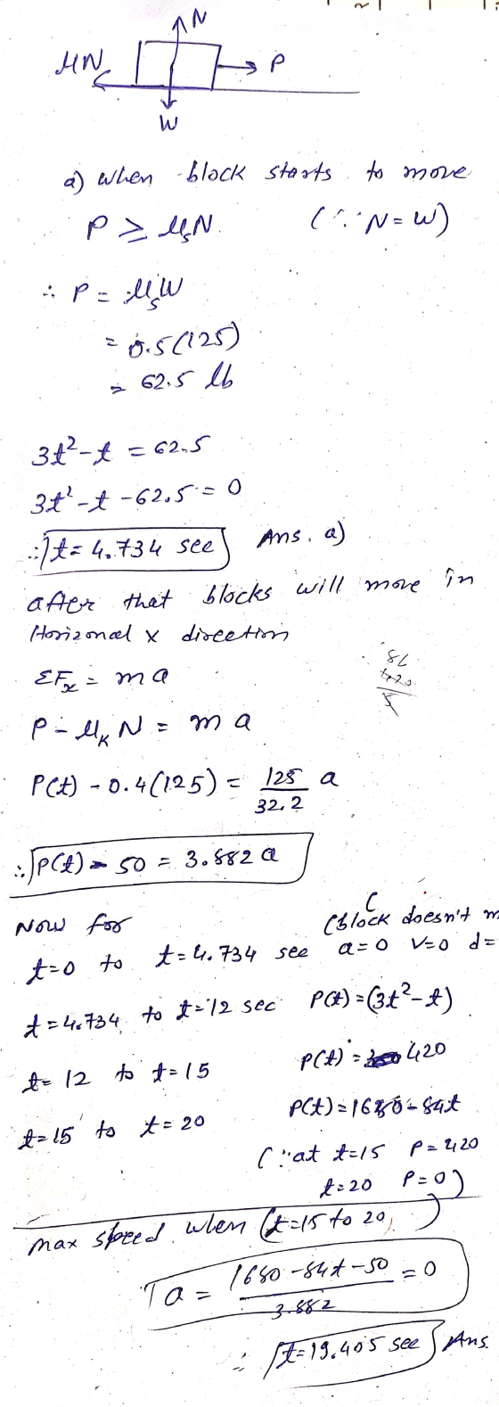i AN e MN W a) when -block Starts to move P z N. (NEW) : P = UW 20.5 (125) 3 62.5 34²-t = 62.5 3t-t -62.5 =0 :t=4.734 see An