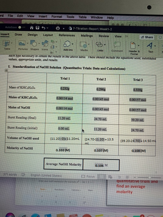 File Edit View Insert Format Tools Table Window Help AutoSaver 5 27-Titration-Report Weekl-2 insert Draw Design Layout Refere