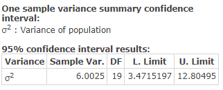 One sample variance summary confidence interval: 02 : Variance of population 95% confidence interval results: Variance Sample