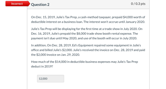 Incorrect Question 2 0/0.3 pts On Dec. 15, 2019, Julies Tax Prep, a cash-method taxpayer, prepaid $4,000 worth of deductible