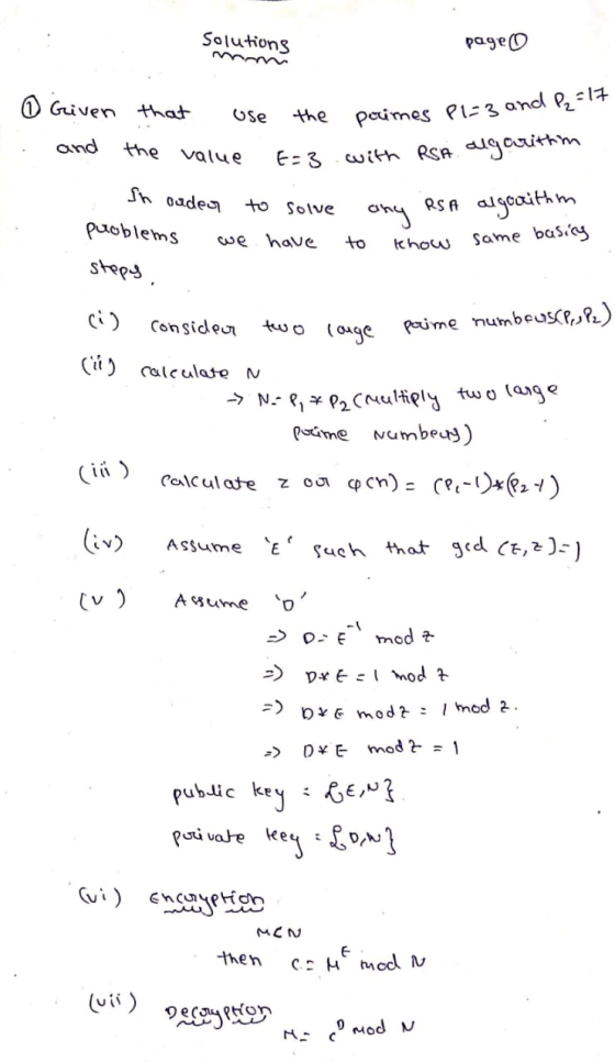 Solutions page . . Given that use the poines P1=3 and and o the value E=3 with RSA algorithm In ouder to solve any RSA algoou