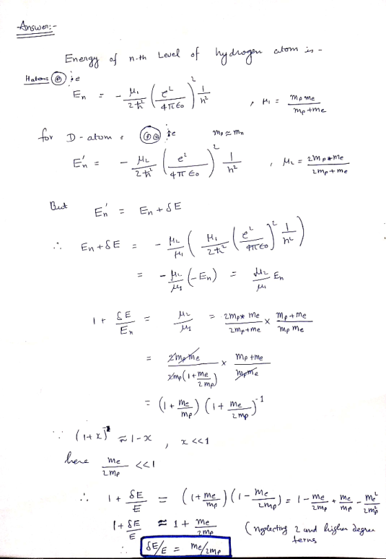 Answers - Energy of nith Level of hydrogen atom in Hatena Ⓡe mp the for D-atom - se mesmo Mer My for D - atom Lmp+me But Eń =