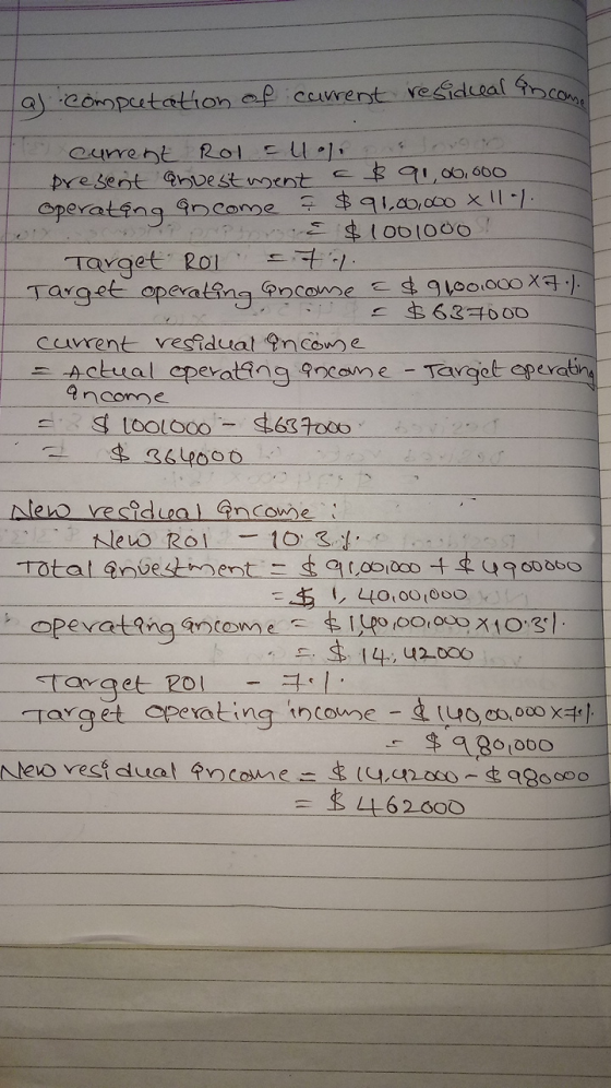 a) Computation of current resideal income current Rol = lo ve love present anvestment - $ 91,00,000 Operating ancome & $91,00