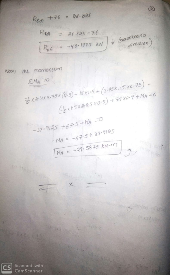 Res +76 = २६. 8२5 RA 26-885-76 Coloran oard bedirection) RIA --48.1875 kN Now) the momentom EMA x-4x375x3)-ISXS-(3-75x1:5 Ko