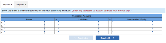 Required A Required B Show the effect of these transactions on the basic accounting equation. (Enter any decreases to account