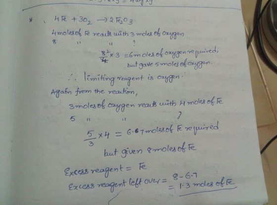 8 ATasn frem the reaton but given moles of te cess reagent exces8yenent left over 8-6-7