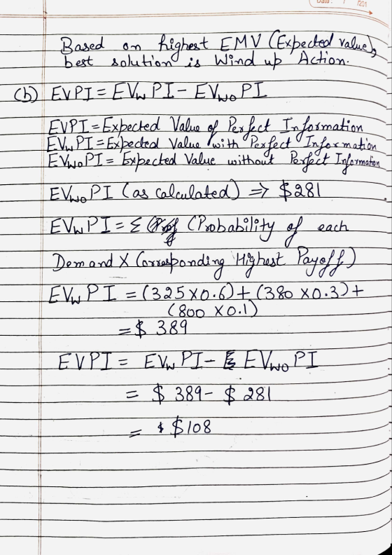 vaw. 201 Based on highest EMV (Expected values best solution is wind up Action. (b) EVPI = EVw PI - EVwo PI EVP I - Expected