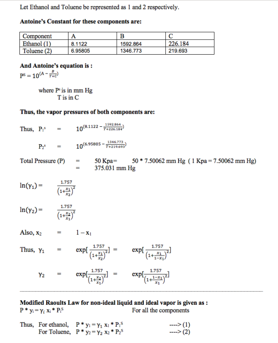 Let Ethanol and Toluene be represented as 1 and 2 respectively. Antoines Constant for these components are: TC Component Eth