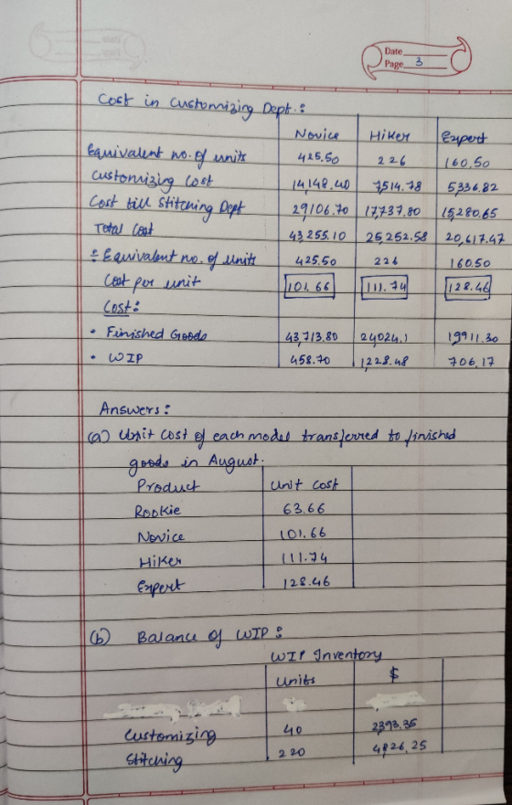 cost in Customizing Dept.. Novice Hiker Equivalent no. of units 425.50 226 customizing cost 14148.40 7514.78 Cost till stitch