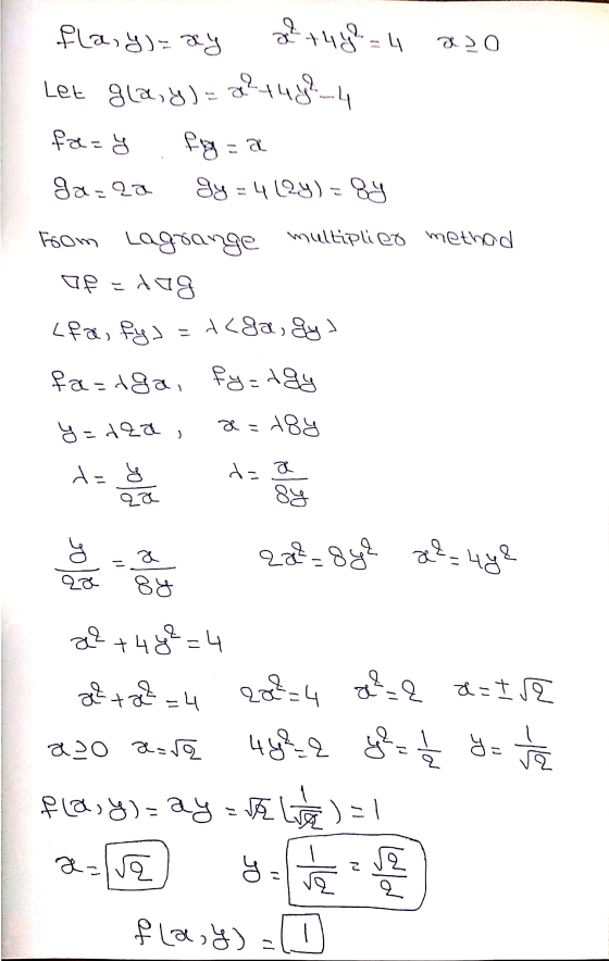 flaiy)=xy 2+48. = Oce Let gla,४) P:५ fig= a 2-27 38 = ५(29) - 89 from Lagrange multiplied method पर =A18 Lfa, fy> (8) ६४ D fa