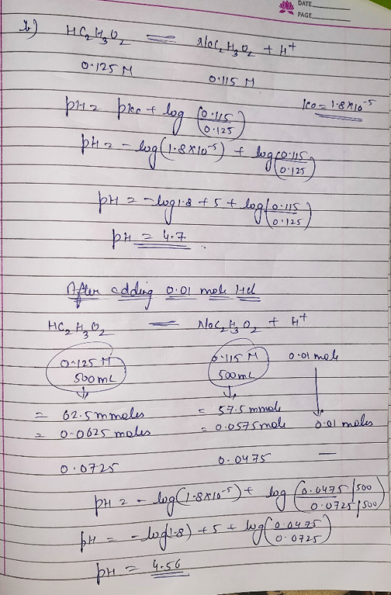 DATE DATE PAGE I b) Hot 0.125M Aloc H 0.115 M + 4 + Sco- 1.8x10-5 PH2 pro + log co.us pt - log (1.8x10 been cookies) 10.125 +