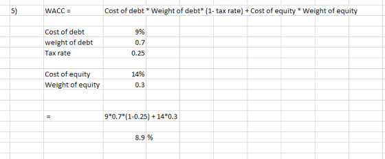 5) Cost of debt * Weight of debt* (1- tax rate) + Cost of equity * Weight of equity WACC = Cost of debt 9% weight of debt 0.7