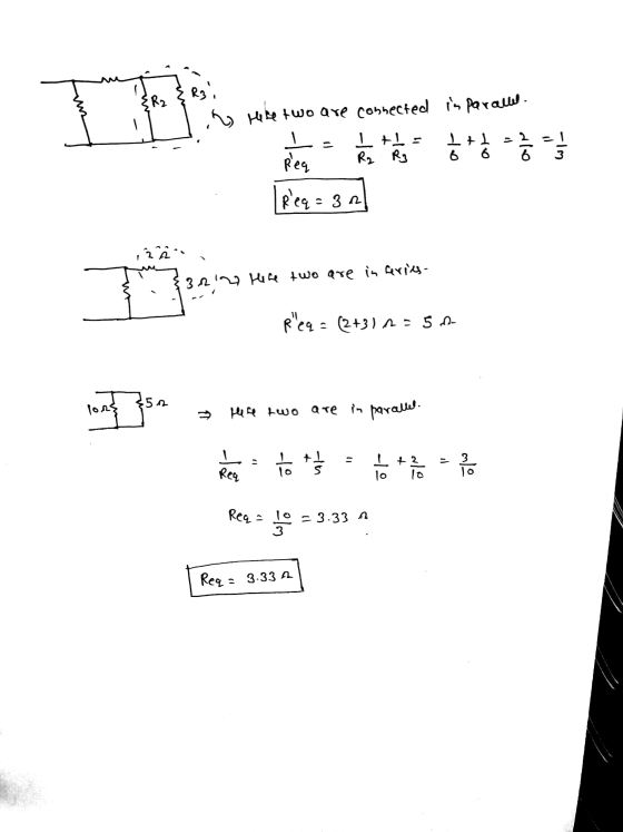 & R₂ 포 R. in Hese two are connected in parall. 1+1= 춤상 하상중하 Req R2 R3 | Req= 32 )+1 6. 6 C23 0 A 3.212 Here two are in carrie