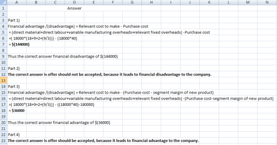 A B E G H K L M Answer 2 3 Part 1) 4 Financial advantage /(disadvantage) Relevant cost to make - Purchase cost 5 (direct mate