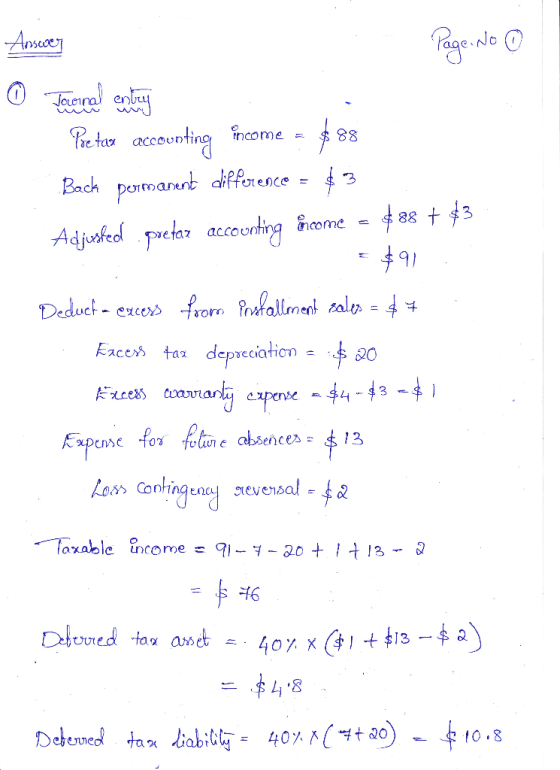 Answer Page No 0 0 Toral enstany Pose tax accounting income = $88 Back permanent difference = $3 Adjusted pretaz accounting i
