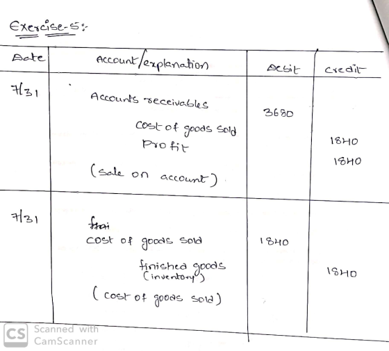 Exercise-5:- Date Account lexplanation Desit I credit 731 3680 Accounts receivables cost of goods sold profit 18H0 1840 (sale