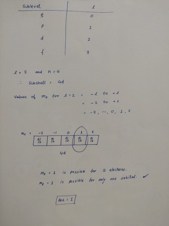 Sublevel e = 2 and n = 4 . Subshell = 40 Values of me for e=2 = -l to tl = -2 to +2 = -2,-1, 0, 1, 2 me : -2 -1 0 qa me = 1 m