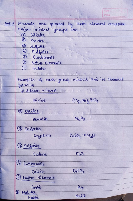 Date: Page Ans: > Minerals are grouped by their chemical composition Majon mineral groups are: ② Silicates Cocides Sulfates 6