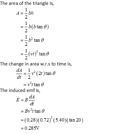 The area of the triangle is, b tane (vt) tan θ 2 The change in area w.r.s to time is, dt 2 =v-t tan θ dA dt Evt tan θ = (0.