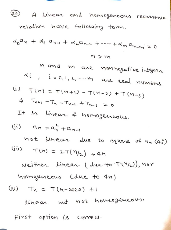 22 O linear and homogeneous recurrence relation have following form. Lanta, anut dzanat... +2m anom -O n>m n and non negative