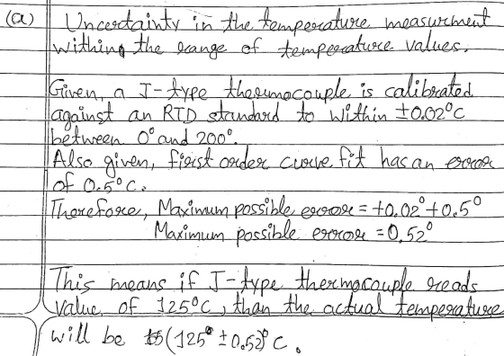 la) Uncertainty in the temperature measurement withing the ecange of temperature values. Given, a I-type thermocouple is cali