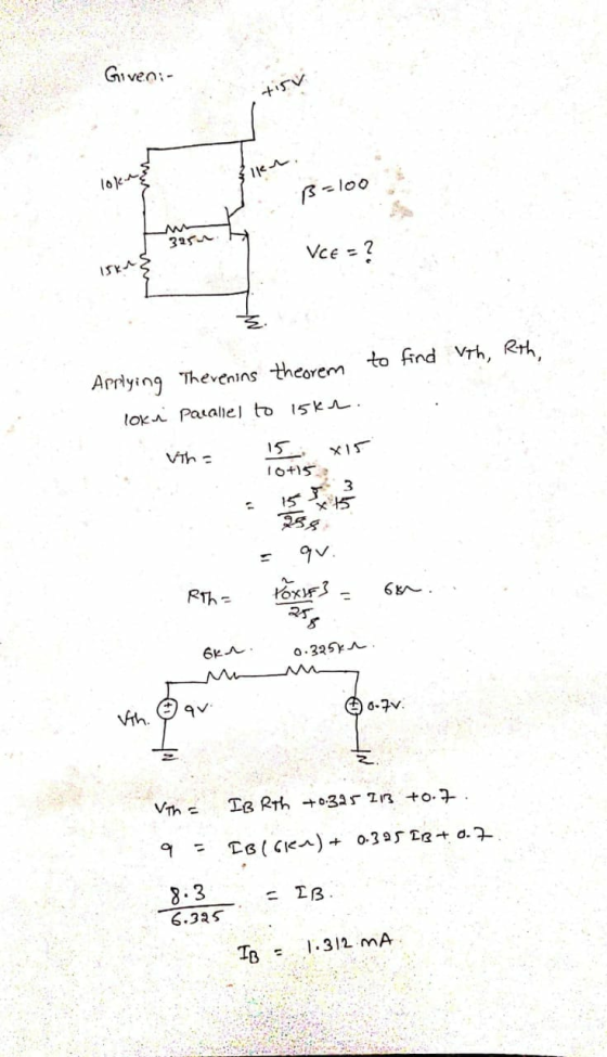 GI ven Bloo 325 Vce = Vrh, Rth Aprlying Thevenins theorem to find lox Paialel to 15k 15 VIh 3 1 RTh= 68 6KA O.325 Vih. At-o V