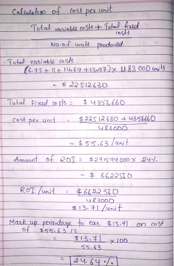 Calculation of cost per unit Total variable costs + Total fired No. of units produed. cos Total variable costs (06.75+ 11 + 1