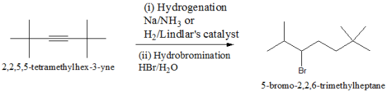 +=+ (i) Hydrogenation Na/NH, or H /Lindlars catalyst (ii) Hydrobromination HBr/H2O 2,2,5,5-tetramethylhex-3-yne 5-bromo-2.2.