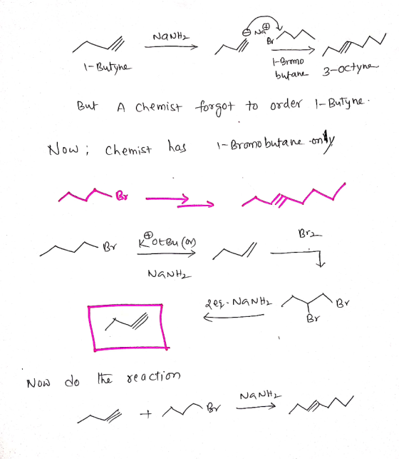 NaNH₂ By →M bufane 3-octyna |- Bromo 1- Butyne But A Chemist forgot to order 1-Butyne. Now; Chemist has - Bromo butane only M
