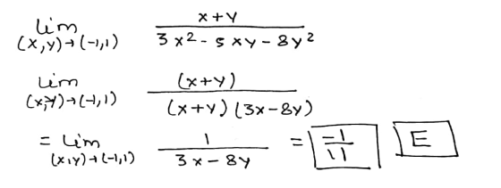 lim (x,y)+(-1,1) X+Y 3x2.5xy-sy Lim (x,y) (1,1) (x+y) (x+y)(3x-87) =lim (x17) + (-1,1) 1 3x-oy it