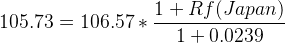 \large 105.73 = 106.57 * \frac{1+Rf(Japan)}{1+0.0239}