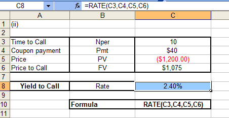 Fax ERATE(C3,C4,C5,C6) B с 1 C8 A (11 2 3 Time to Call 4 Coupon payment 5 Price 6 Price to Call 7 8 Yield to Call 9 10 11 Npe