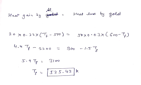 Al. Heat gain by gold 17 Heat loss by gold 20 x0.22(TF - 570 ) Sъхоо 3x C G co-Te) 4. u Tf 2200 900 -1.5 T f 5.9 Tf Bloo ! to