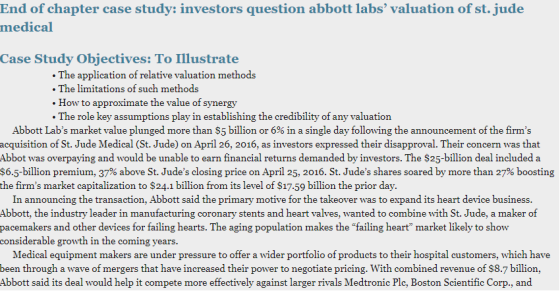 End of chapter case study: investors question abbott labs valuation of st. jude medical Case Study Objectives: To Illustrate