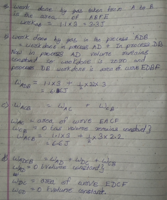 n as work done is the area Wook ab = by one taken from of ABFE 1.1 x3 = 3. 35 ok done by gas in the process ADB L = work done