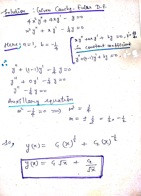 ax solution Criven Cauchy Eular D.E. 4x+y + 4xy - y = 2² y + xyl hy here, a=1, b = -1 ay tax yt by to in constant coeffici