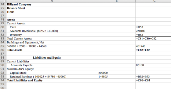 =D53 250400 =B62 =C81+C80+C82 74 Hillyard Company 75 Balance Sheet 76 11383 77 78 Assets 79 Current Assets: 80 Cash 81 Accoun