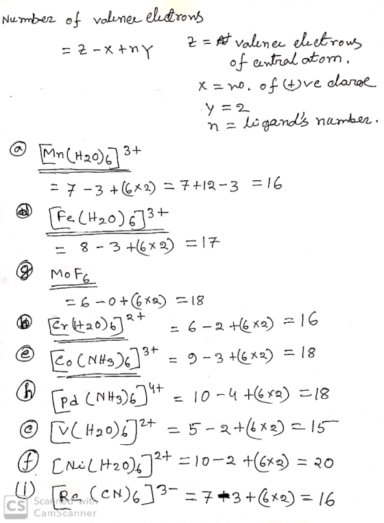 Number of valence electrons =Z-x tny z=A valence electrows I of central atom, X = no. of ove daroe .y=2 na ligands number. @