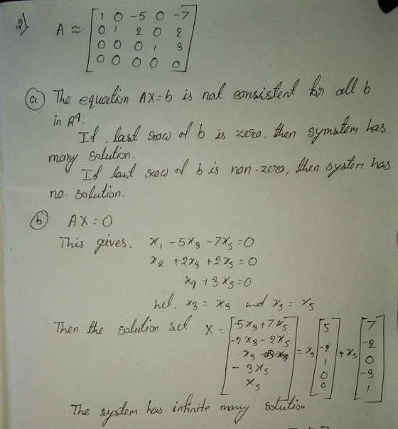 A ~ 0-50-7 2 O 2 ОО O 3 0 0 0 0 all b of b has The equation Ax=b is not consistent in R. If last dow is zero, then symator ma