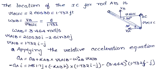 for rod AB is The location of the IC VBLIC = 2 c0530 = 1.432 ft MBITC osc VBLIC 300 Valac - MBIIC 1.732 WAB = 3:464 radls VAI