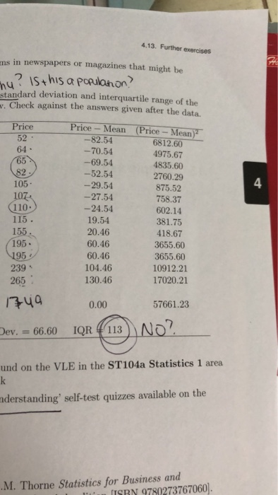 4.13. Further exercises ms in newspapers or magazines that might be ? ISthis a porulanon? standard deviation and interquartile range of the . Check against the answers given after the data. Price - Mean (Price-Mean Price 52 64 -82.54 -70.54 -69.54 -52.54 29.54 -27.54 -24.54 19.54 20.46 60.46 60.46 104.46 130.46 6812.60 4975.67 4835.60 2760.29 875.52 758.37 602.14 381.75 418.67 3655.60 3655.60 10912.21 17020.21 4 105 110 115. 155ム 195 239 265 0.00 57661.23 7 IQR4/113 ev.= 66.60 und on the VLE in the ST104a Statistics 1 area aderstanding self-test quizzes available on the .M. Thorne Statistics for Business and SRN9780273767060