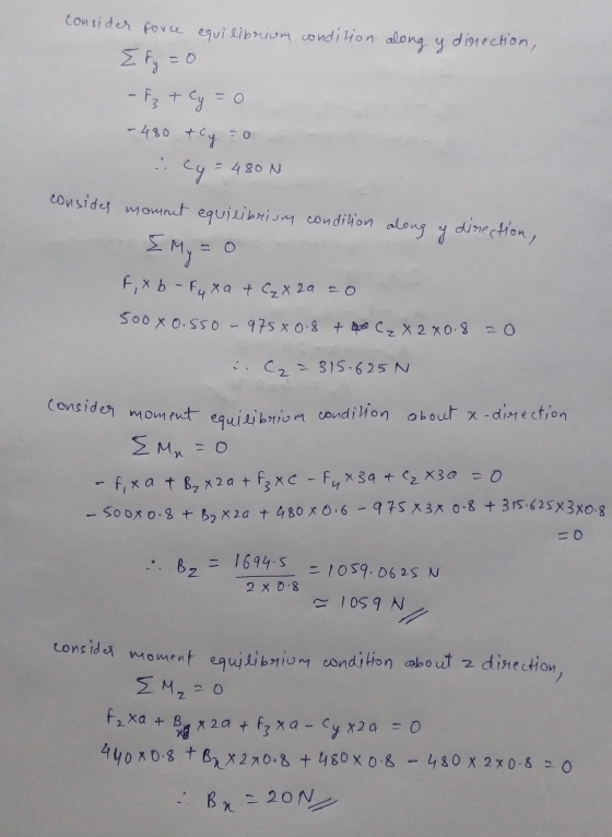 consider force equilibrium condition along y direction, Efy = 0 - F + Cy=0 - 480 &lg=0 cy=480N consides moment equilibrium co